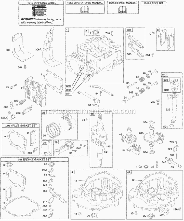 Cams Camshaft Crankshaft Cylinder Engine Sump KitGaskets Lubrication Piston Group Valves Diagram and Parts List for  Briggs and Stratton Engine